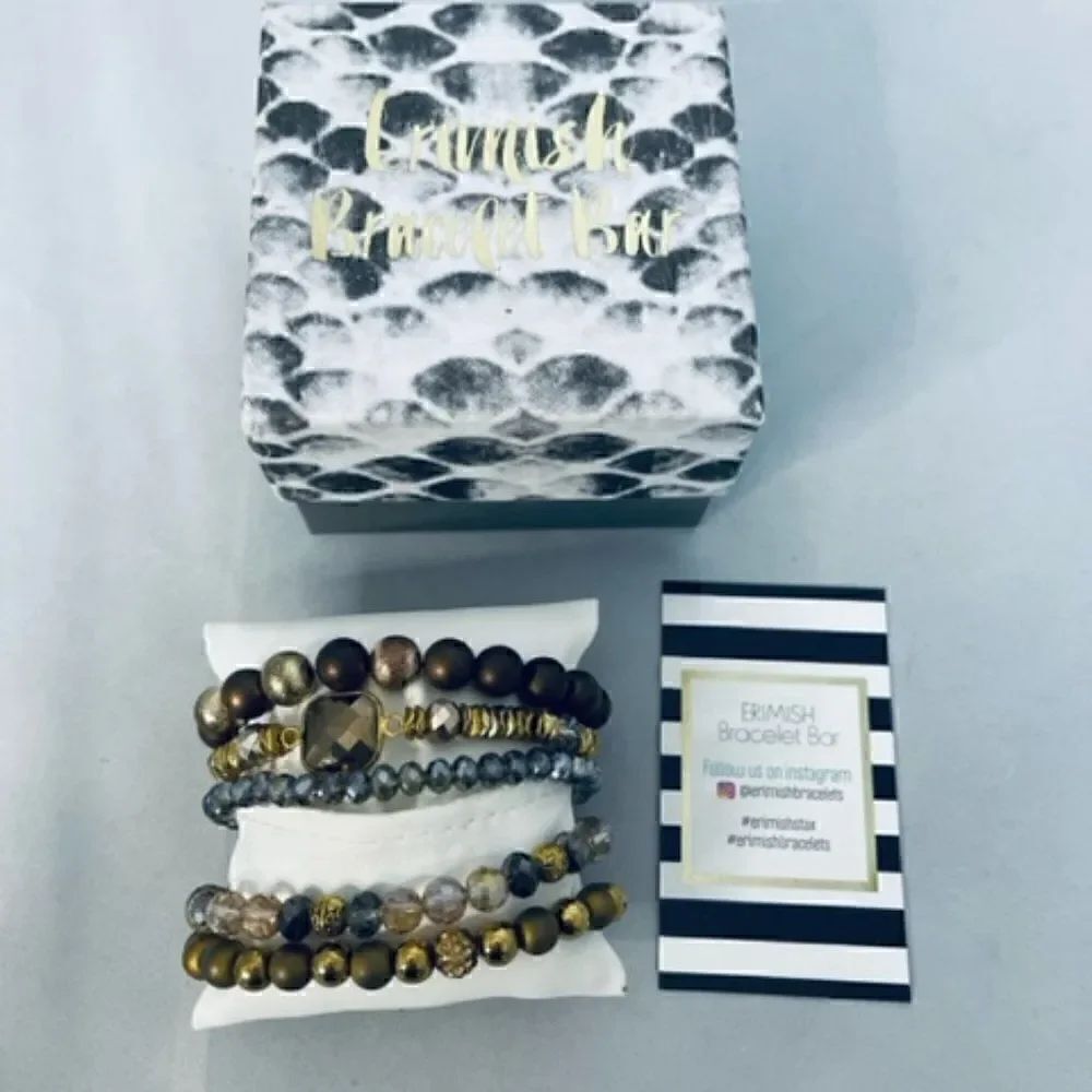 Erimish 5 Set Gold Bronze Charcoal Beaded Bracelets Box Pillow Care Card Very Go